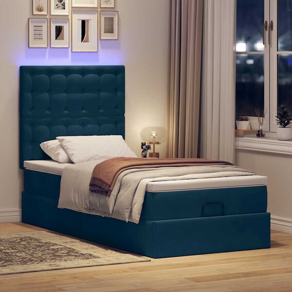 vidaXL Cadre de lit ottoman avec matelas bleu fonc&eacute; 90x200 cm velours