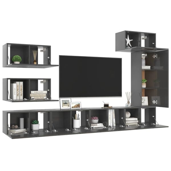vidaXL Ensemble de meuble TV 8 pcs Gris brillant Bois d'ing&eacute;nierie