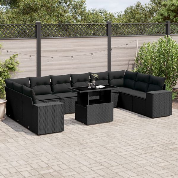 vidaXL Salon de jardin 11 pcs avec coussins noir r&eacute;sine tress&eacute;e