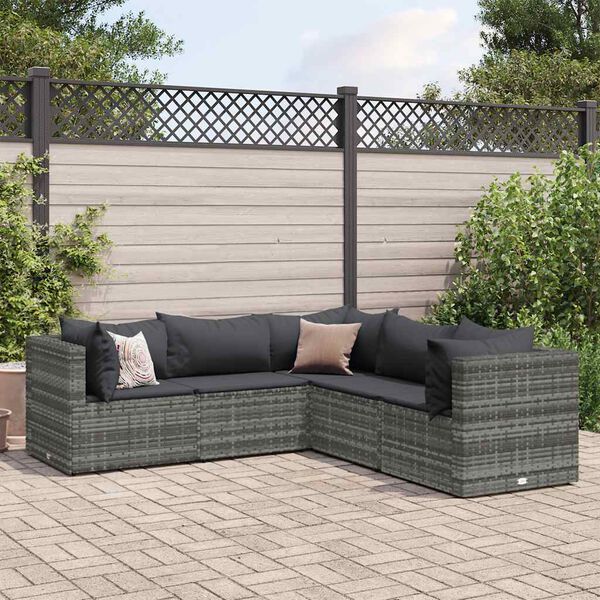 vidaXL Salon de jardin 5 pcs avec coussins Gris R&eacute;sine tress&eacute;e