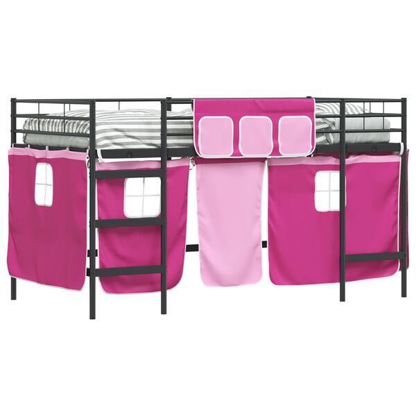 vidaXL Cadre de Lit Mezzanine pour Enfants avec Rideaux Noir et rose