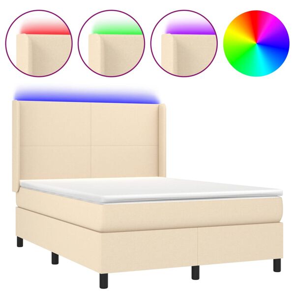 vidaXL Sommier &agrave; lattes de lit matelas et LED Cr&egrave;me 140x200 cm Tissu
