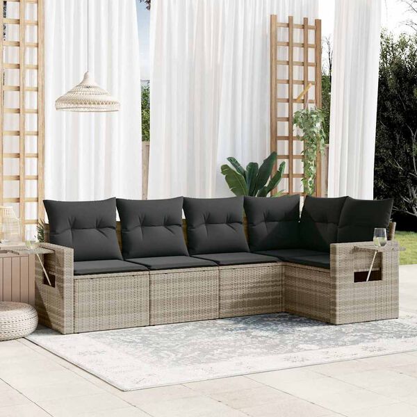 vidaXL Salon de jardin 5 pcs avec coussins gris clair r&eacute;sine tress&eacute;e
