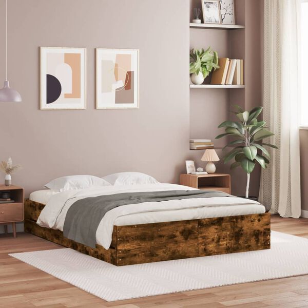 vidaXL Cadre de lit avec tiroirs sans matelas ch&ecirc;ne fum&eacute; 140x190 cm