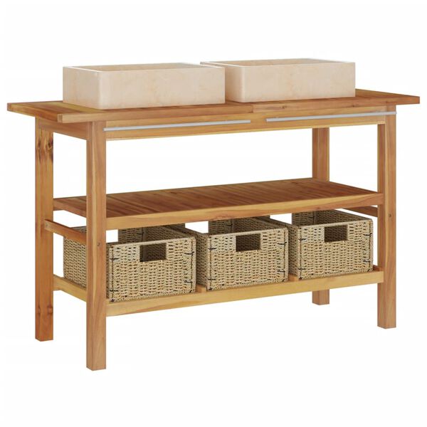 vidaXL Armoire de salle de bain et lavabos en marbre crème Teck massif