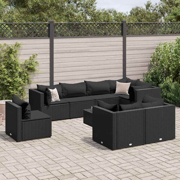 vidaXL Salon de jardin 9 pcs avec coussins Noir R&eacute;sine tress&eacute;e