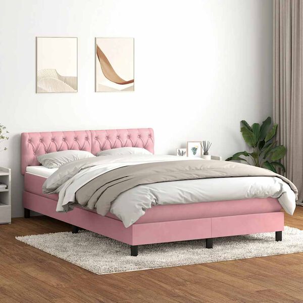 vidaXL Sommier &agrave; lattes de lit avec matelas et LED rose 140x210 cm velours