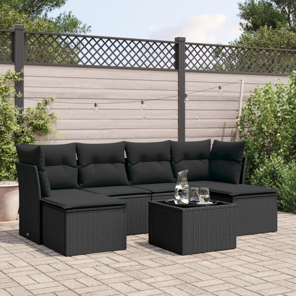 vidaXL Salon de jardin 7 pcs avec coussins noir r&eacute;sine tress&eacute;e