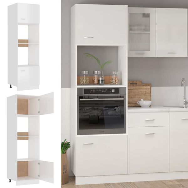 vidaXL Meuble micro-ondes "Lyon" Blanc brillant 60 x 57 x 207 cm Bois d'ing&eacute;nierie