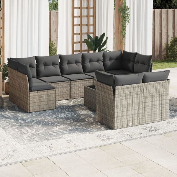 vidaXL Salon de jardin avec coussins 10 pcs gris r&eacute;sine tress&eacute;e