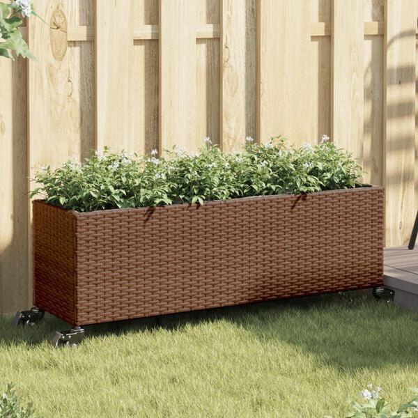 vidaXL Jardini&egrave;re avec roulettes et 3 pots marron 107x32x38 cm rotin