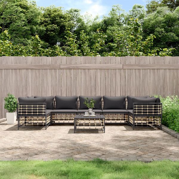 vidaXL Salon de jardin 8 pcs avec coussins anthracite résine tressée