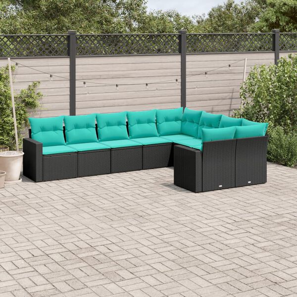 vidaXL Salon de jardin 9 pcs avec coussins noir r&eacute;sine tress&eacute;e