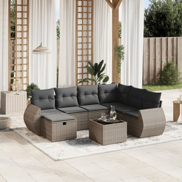 vidaXL Salon de jardin 8 pcs avec coussins gris r&eacute;sine tress&eacute;e
