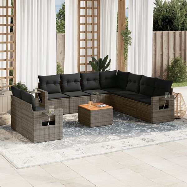 vidaXL Salon de jardin avec coussins 10 pcs gris r&eacute;sine tress&eacute;e