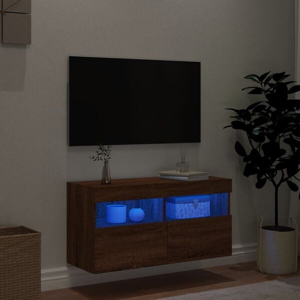 vidaXL Meuble TV mural avec lumi&egrave;res LED ch&ecirc;ne marron 80x30x40 cm