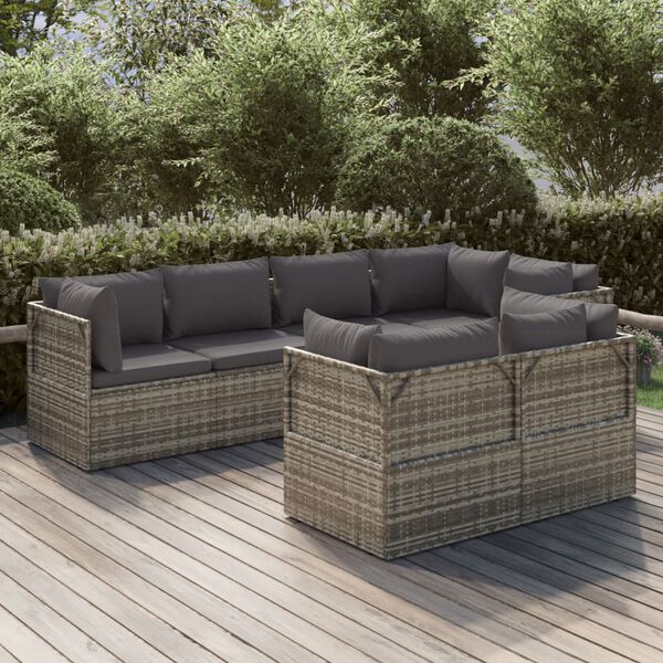 vidaXL Salon de jardin 7 pcs avec coussins Gris R&eacute;sine tress&eacute;e