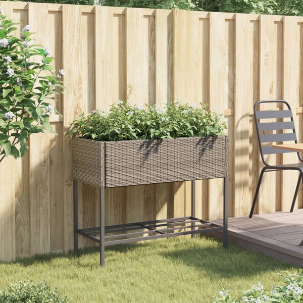 vidaXL Jardini&egrave;re avec &eacute;tag&egrave;re gris r&eacute;sine tress&eacute;e