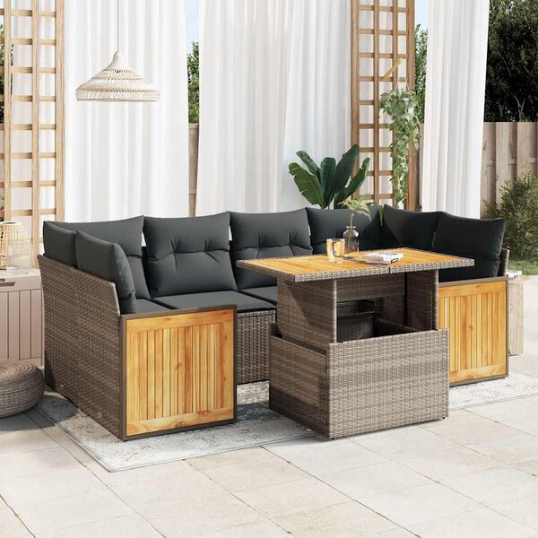 vidaXL Salon de jardin avec coussins 7 pcs gris r&eacute;sine tress&eacute;e acacia