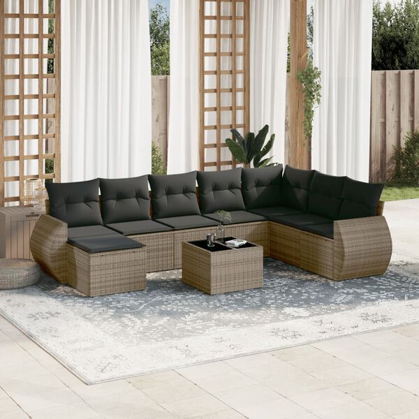 vidaXL Salon de jardin 9 pcs avec coussins gris r&eacute;sine tress&eacute;e