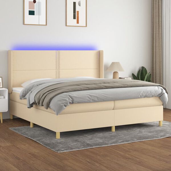 vidaXL Sommier &agrave; lattes de lit matelas et LED Cr&egrave;me 200x200 cm Tissu
