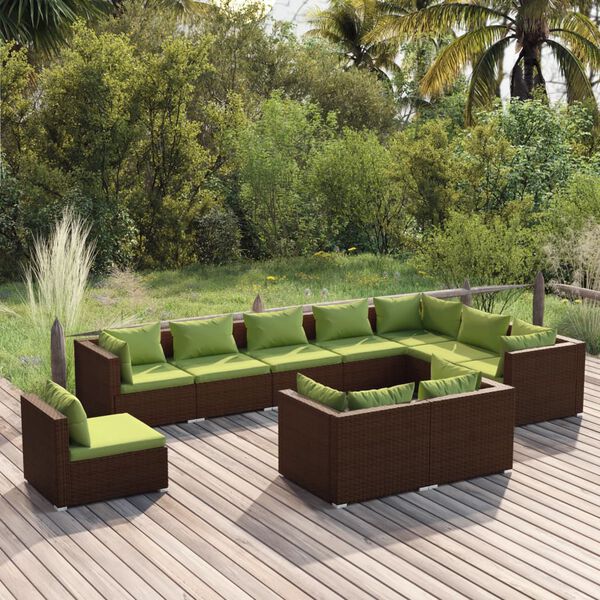 vidaXL Salon de jardin 10 pcs avec coussins R&eacute;sine tress&eacute;e Marron