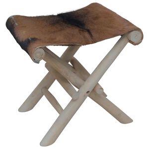 vidaXL Tabouret pliable cuir de ch&egrave;vre et bois de teck massif
