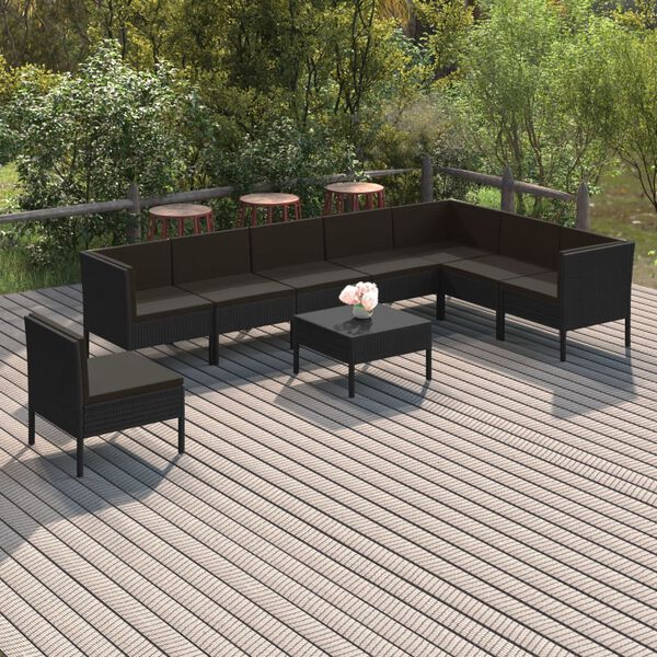 vidaXL Salon de jardin 9 pcs avec coussins R&eacute;sine tress&eacute;e Noir