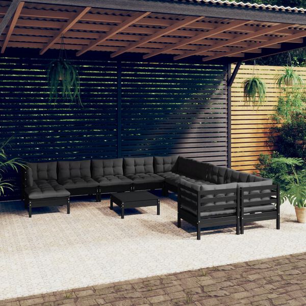 vidaXL Salon de jardin 12 pcs avec coussins Noir Bois de pin
