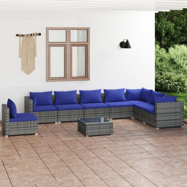 vidaXL Salon de jardin 9 pcs avec coussins R&eacute;sine tress&eacute;e Gris