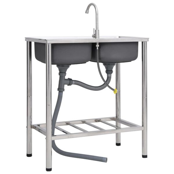 vidaXL &Eacute;vier de camping Double lavabo avec robinet Acier inoxydable