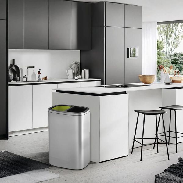 EKO Poubelle &agrave; ouverture dessus OLI-Cube 2x20 L Argent&eacute; mat