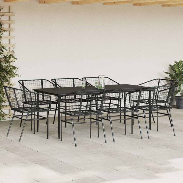 vidaXL Ensemble &agrave; manger de jardin 9pcs noir poly rotin verre