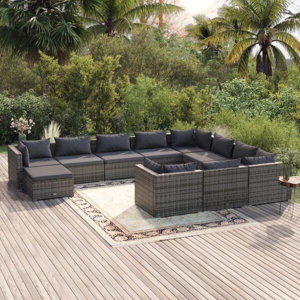 vidaXL Salon de jardin 11 pcs avec coussins Résine tressée Gris