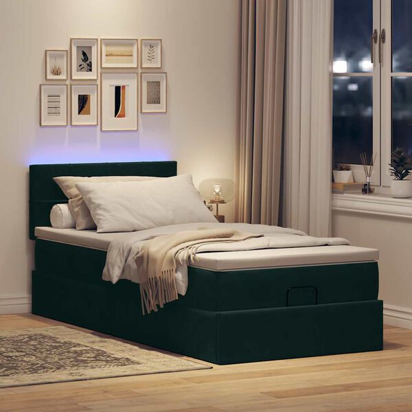 vidaXL Lit ottoman avec matelas et LED Vert fonc&eacute; 80x200cm velours