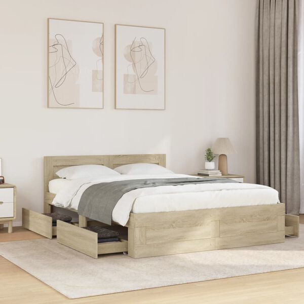 vidaXL Cadre de lit et tête de lit sans matelas chêne sonoma 135x190cm