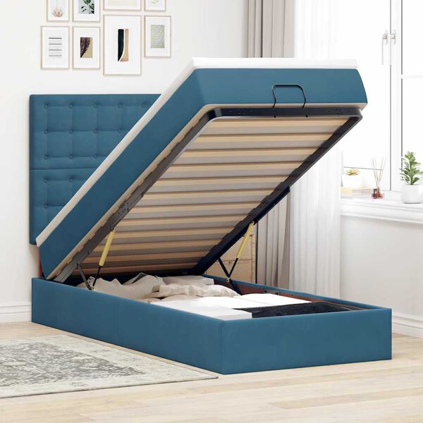 vidaXL Cadre de lit ottoman avec matelas bleu fonc&eacute; 90x190 cm velours