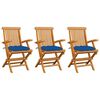 vidaXL Chaises pliantes avec coussins bleus, 3 pi&egrave;ces, en teck massif