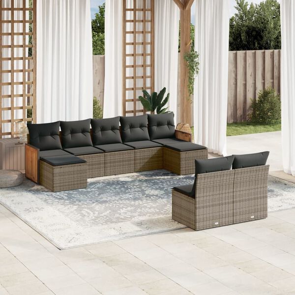 vidaXL Salon de jardin 9 pcs avec coussins gris r&eacute;sine tress&eacute;e