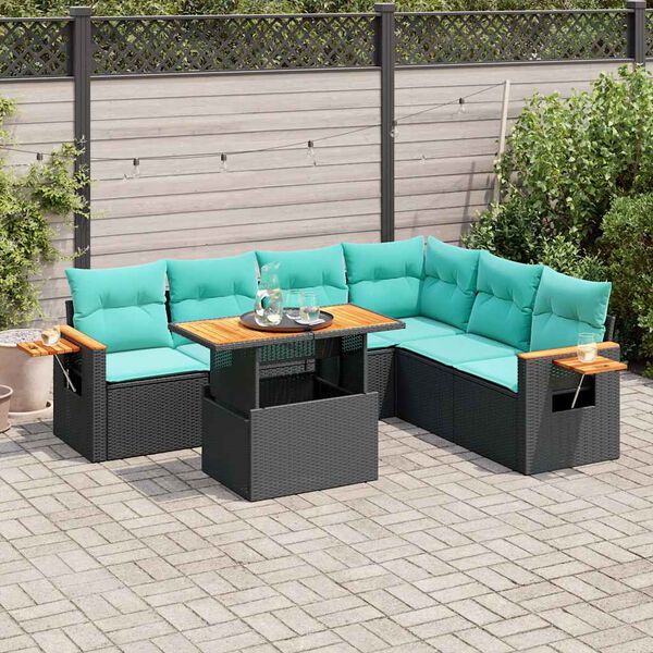 vidaXL Salon de jardin avec coussins 7 pcs noir r&eacute;sine tress&eacute;e acacia