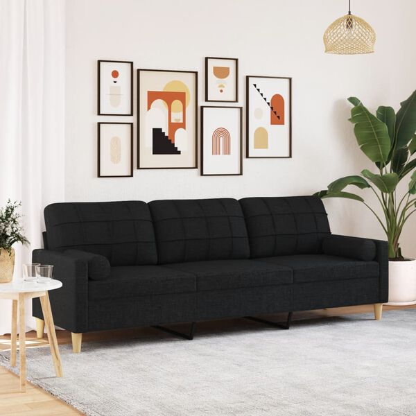 vidaXL Canap&eacute; 3 places avec oreillers d&eacute;coratifs noir 210 cm tissu
