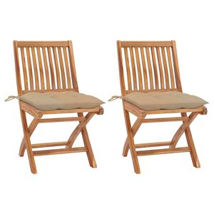 vidaXL Chaises pliantes (lot de 2) avec coussins beiges, en teck massif