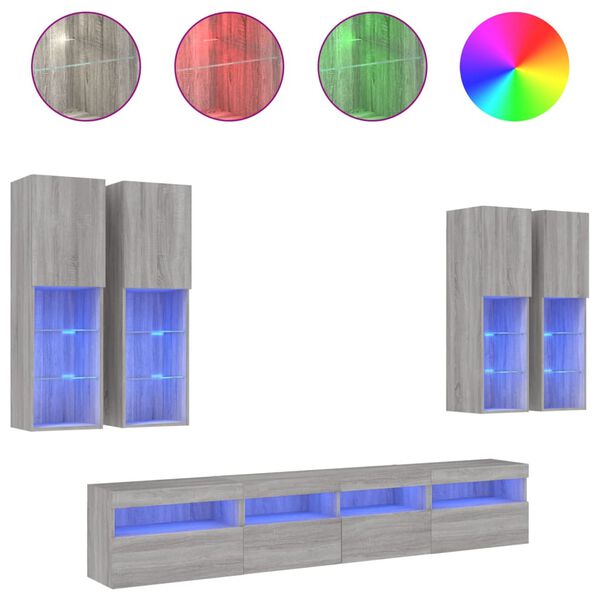 vidaXL Ensemble de meubles TV muraux 7 pcs et lumi&egrave;res LED sonoma gris
