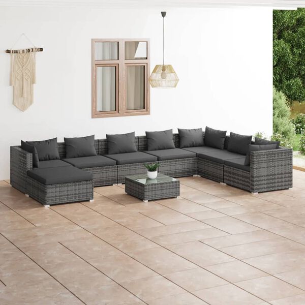 vidaXL Salon de jardin 9 pcs avec coussins R&eacute;sine tress&eacute;e Gris