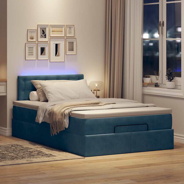 vidaXL Lit ottoman avec matelas et LED bleu fonc&eacute; 90x200cm velours