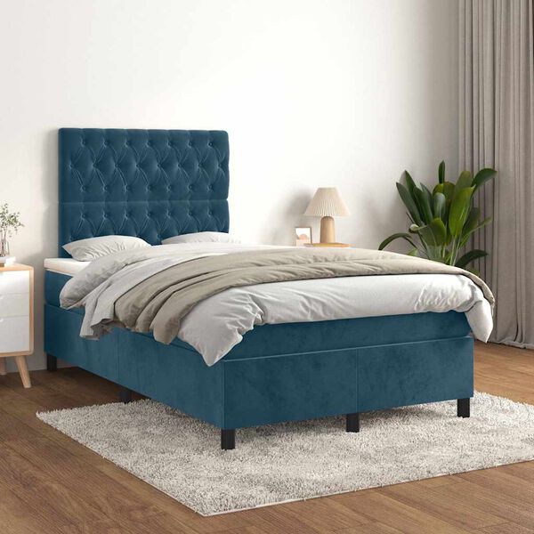 vidaXL Sommier &agrave; lattes de lit et matelas bleu fonc&eacute; 120x190cm velours