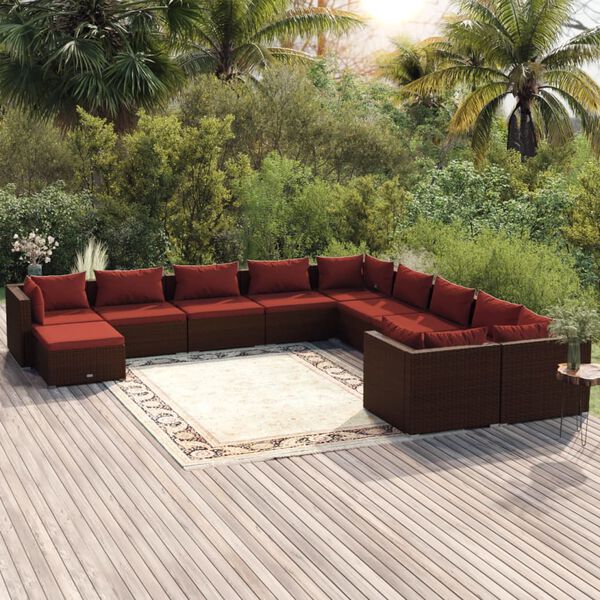 vidaXL Salon de jardin 11 pcs avec coussins R&eacute;sine tress&eacute;e Marron