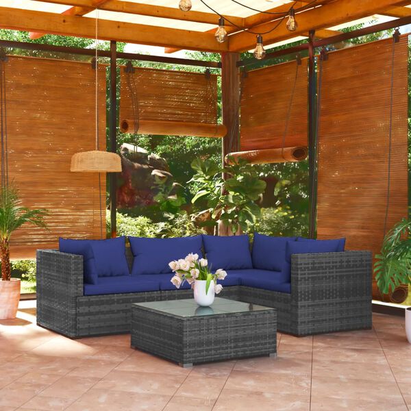 vidaXL Salon de jardin 5 pcs avec coussins r&eacute;sine tress&eacute;e gris