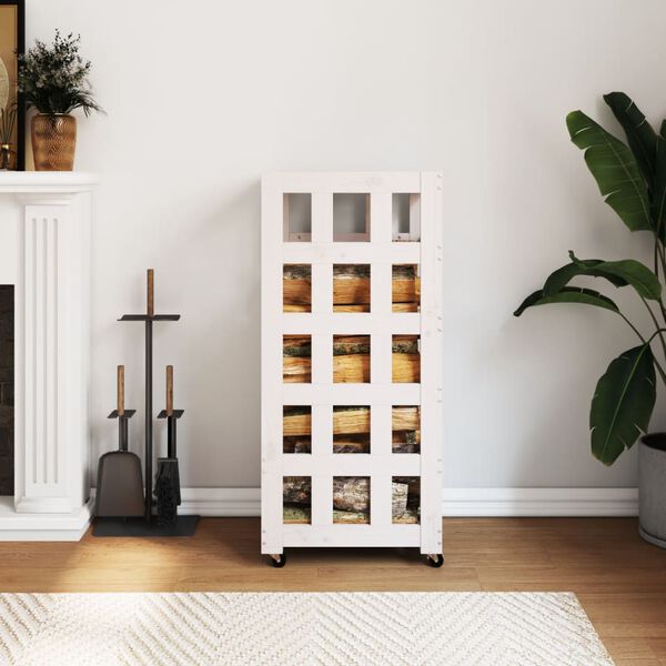 vidaXL Porte-bûches avec roulettes blanc 40x49x110 cm bois massif pin