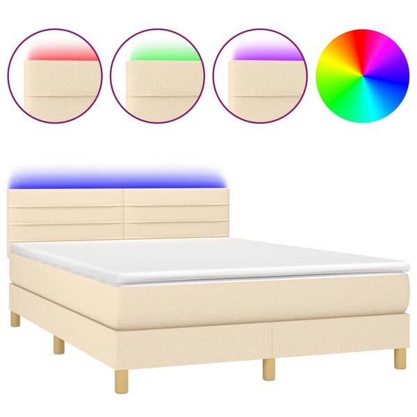 vidaXL Sommier &agrave; lattes de lit avec matelas LED Cr&egrave;me 140x190 cm Tissu
